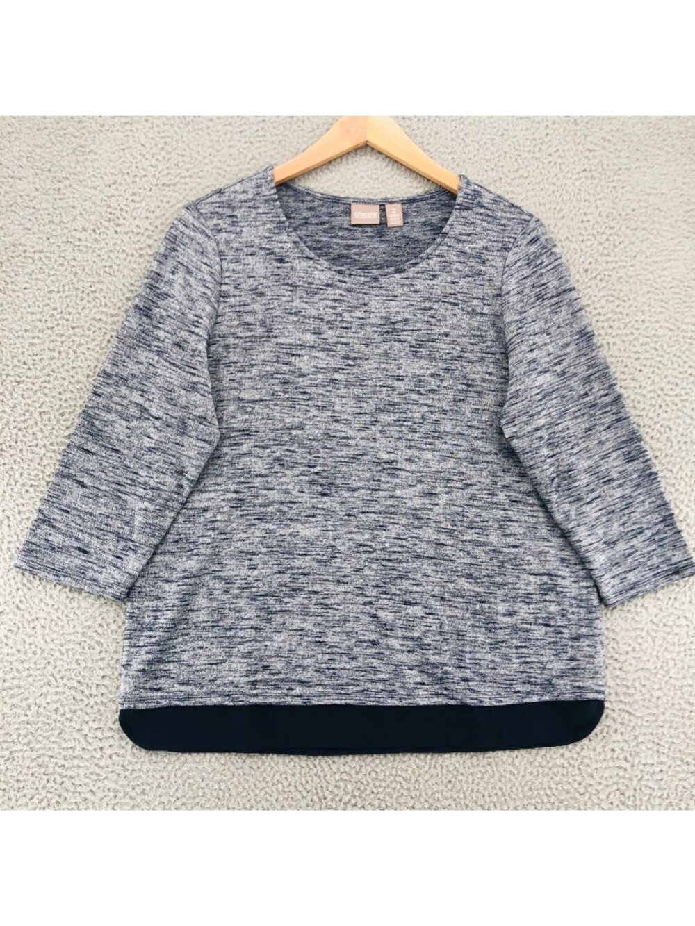Chicos Sweater Womens 2 US Large Blue Tunic Knit Glitter 3/4 Sleeves Pullover